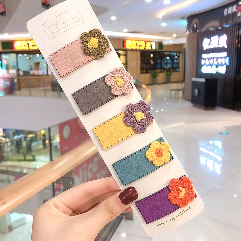 knitting flower 5pcs 5 шт./лот, милая детская заколка для волос для девочек из оленьей кожи с кроликом, заколка для волос красного цвета, заколки для волос на осень и зиму, милые детские аксессуары для волос - Цвет: knitting flower 5pcs
