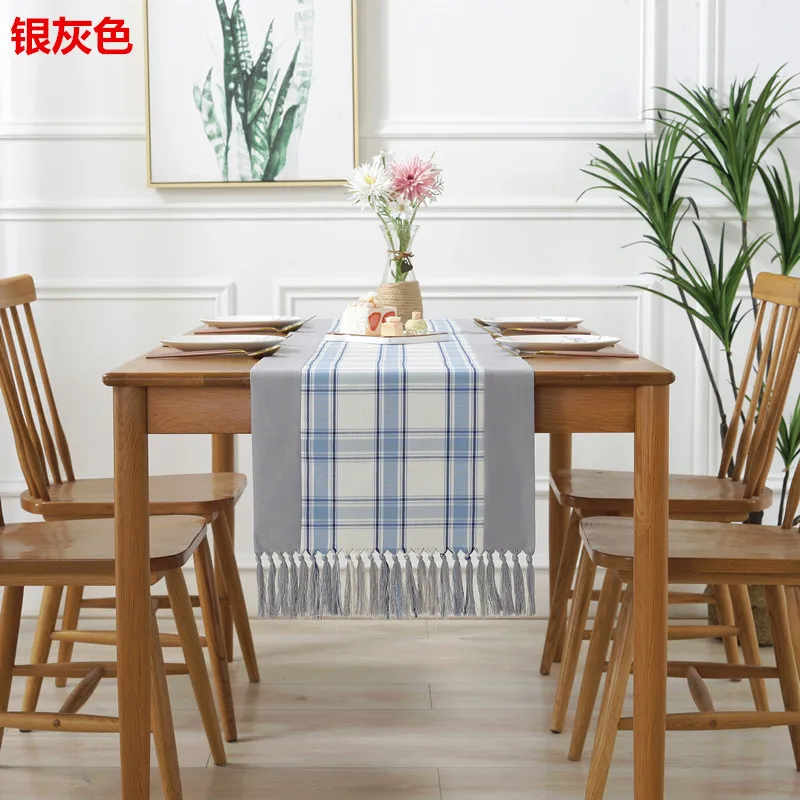 Classical New Chinese Style Dark Blue Grid Cotton and Linen Table Runner High Quality Tassels Dining TV Cabinet Flag | Дом и сад