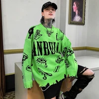 Pull déchiré avec trous pour homme, surdimensionné, Style coréen, Graffiti, Punk, Hip Hop, rouge, vert, jaune, automne et hiver 1