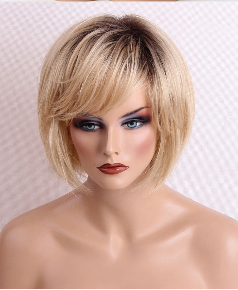 JONRENAU 7 цветов короткий прямой натуральный черный Блондин Коричневый синтетический парик смесь 50% человеческие волосы стриженые парики для женщин