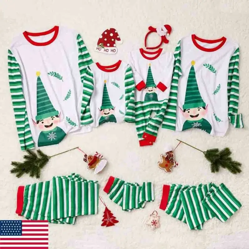 

2019 New Festival Family Matching Kids Mom Dad Christmas Pajamas Sets Striped Cartoon Print Xmas Sleepwear Nightwear Pjs Pyjamas