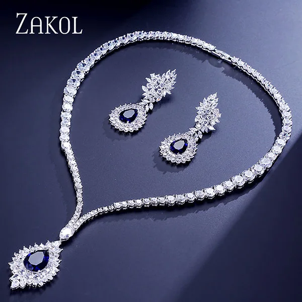 Blue ZAKOL Винтаж микро инкрустация кубического циркония синий Кластерные украшения набор белого цвета ожерелье серьги набор для женщин подарок FSSP308 - Окраска металла: Blue