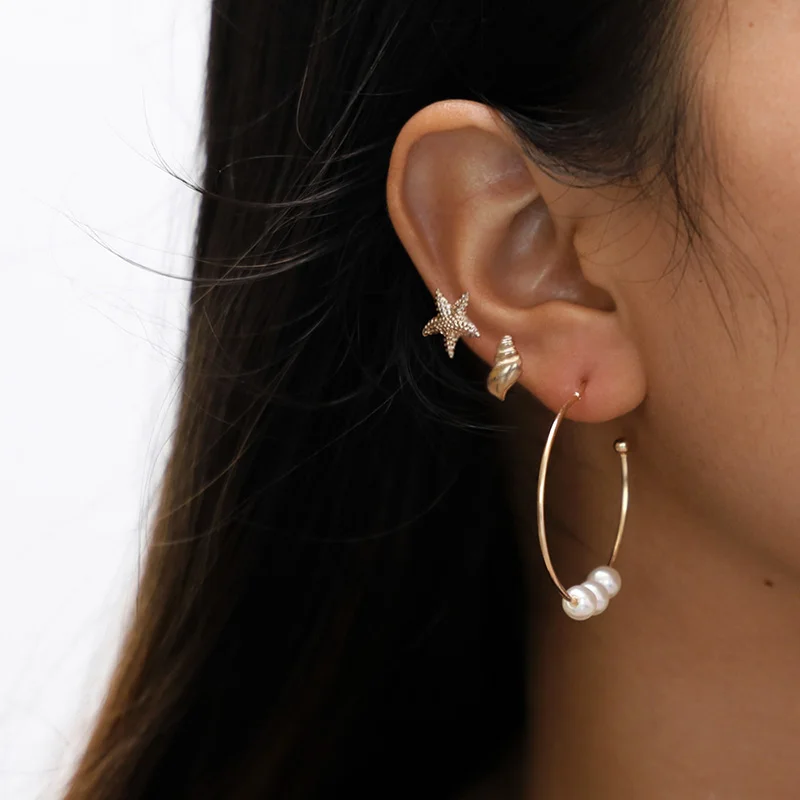 

3 Pair/set New Trendy Beach Stud Earrings Fashion Gold Color Starfish Conch Imitation Pearl Circle Earring Set for Women Jewelry