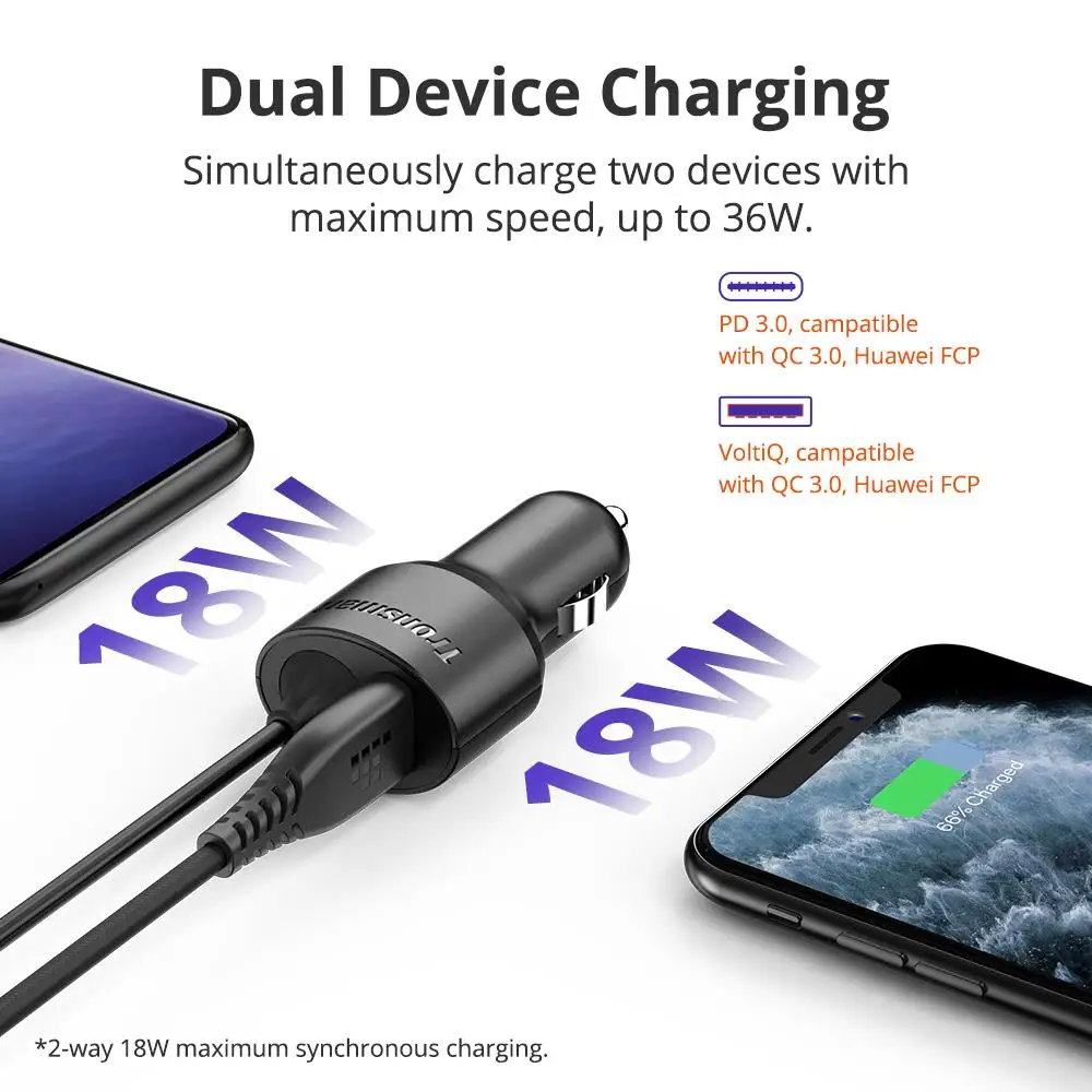 Tronsmart CCTA автомобильное зарядное устройство 36 Вт PD зарядное устройство Быстрая зарядка с USB C кабелем поддержка PD3.0, QC3.0, FCP, Apple 2,4 для iPhone, huawei
