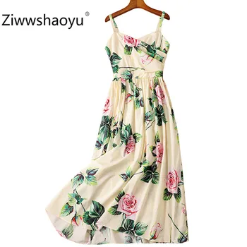 

Ziwwshaoyu Elegant 100% Cotton Summer Rose Flower Print Spaghetti Strap Party Long Dresses Women's High Quality Clothing