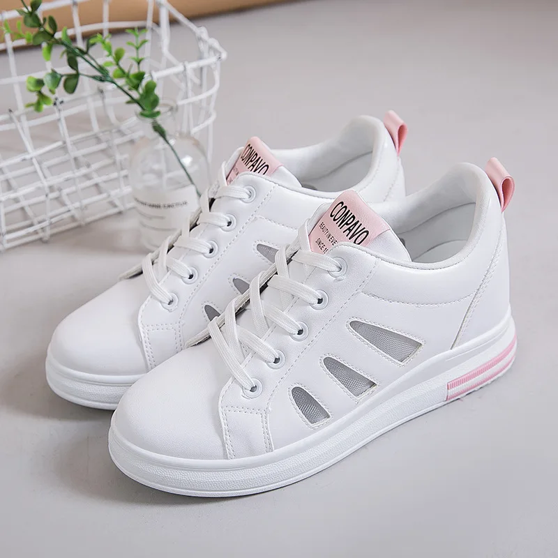 

2019 Summer New Style WOMEN'S Shoes Hot Selling in Elevator Shoes Student Casual Shoes Punched Sheet Surface Thick Bottomed Whit