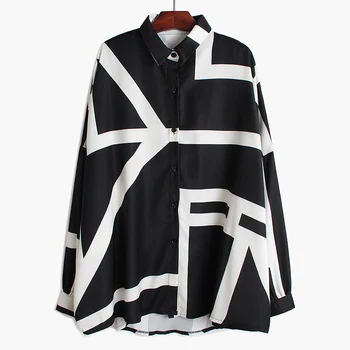 

[EWQ] Spring Autumn 2020 Irregular Contrast Color Printed Shirt Women's Long-sleeved Loose Vertical Shirt Large Size 3AK12201