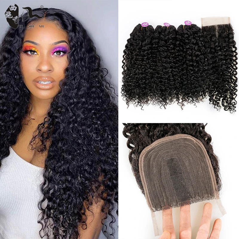 Mongol Afro rizado Pelo Rizado de la onda de agua 3 mechones con cierre cabello humano brasileño armadura paquete negro las mujeres XISHIXIU