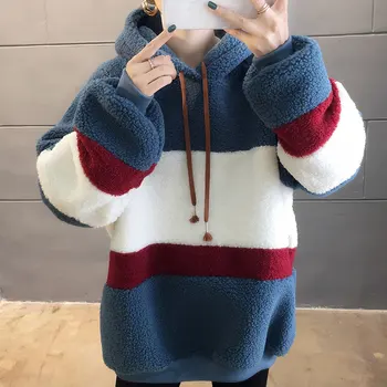 

Rurouisbeir 2020 New Spring Faux Lamb Fur Stitching Hooded Embroidered Long-sleeved Sweatshirt