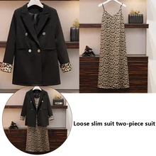 Осенний костюм размера плюс, 2 шт., комплект одежды, Однотонный женский модный популярный Повседневный Блейзер, шифоновое платье с цветочным рисунком, женские офисные костюмы