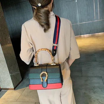 

2020 new Korean fashion wild personality contrast bamboo handbag oblique cross ladies wide shoulder strap small square asc femme