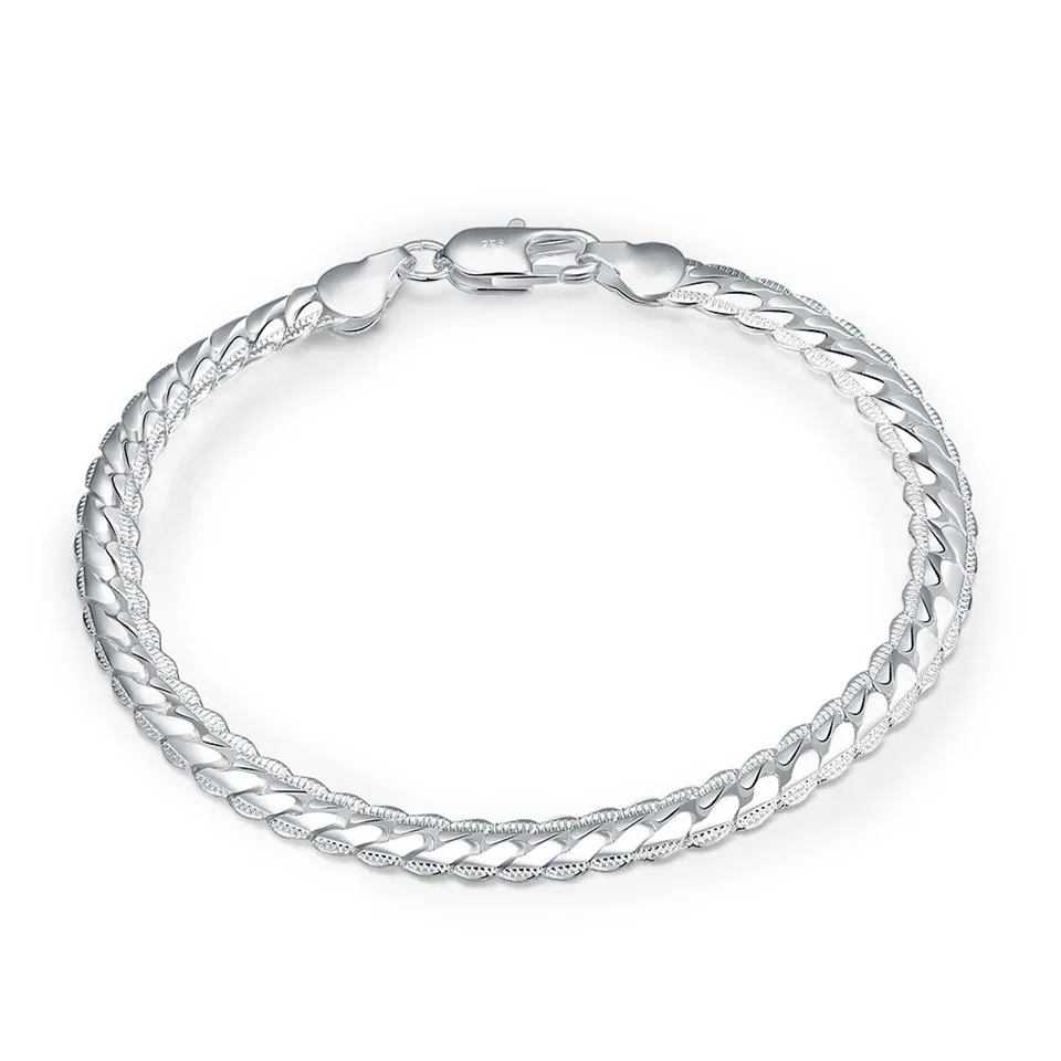 Fashion 925 Sterling Silver Bracelet Unisex 5MM Flat Snake Chain Lobster Clasp Bracelet - Image 6