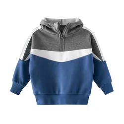 Crianças da escola calor velo hoodie contraste metade zip com capuz jogging bebê meninos jumper criança moletom crianças outerwear 1 9 anos