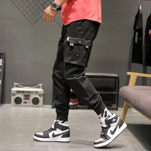 Мужские уличные брюки-карго с лентами, осень, штаны для бега в стиле хип-хоп, черные модные мешковатые с карманами