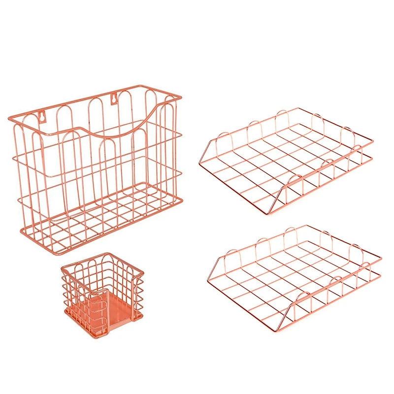 

Wire Metal 4 in 1 Desk Organizer Set- Stick Note Holder, Hanging File Organizer and 2 Letter Trays