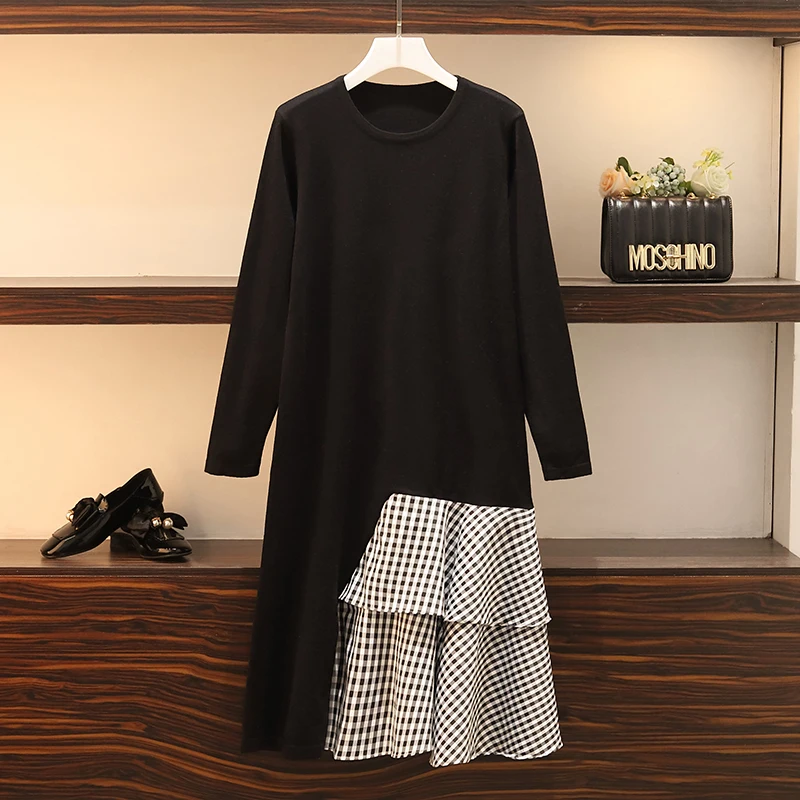 Черный L-4XL Plus Size Women Knitted Dress Autumn Fashion Long Sleeve Patchwork Plaid Ruffle Loose Casual Ladies A-Line Dresses - Цвет: Черный