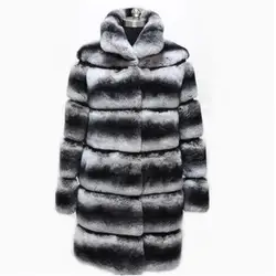 2019 Новая роскошная женская толстая теплая куртка пальто из натурального меха кролика Рекс Повседневный полосатый воротник-стойка