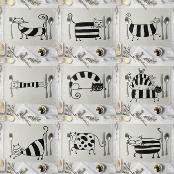 

Cute Cat Pattern Placemat Dining Table Mats Black White Linen Drink Coaster Western Pad Cup Mat Home Decor