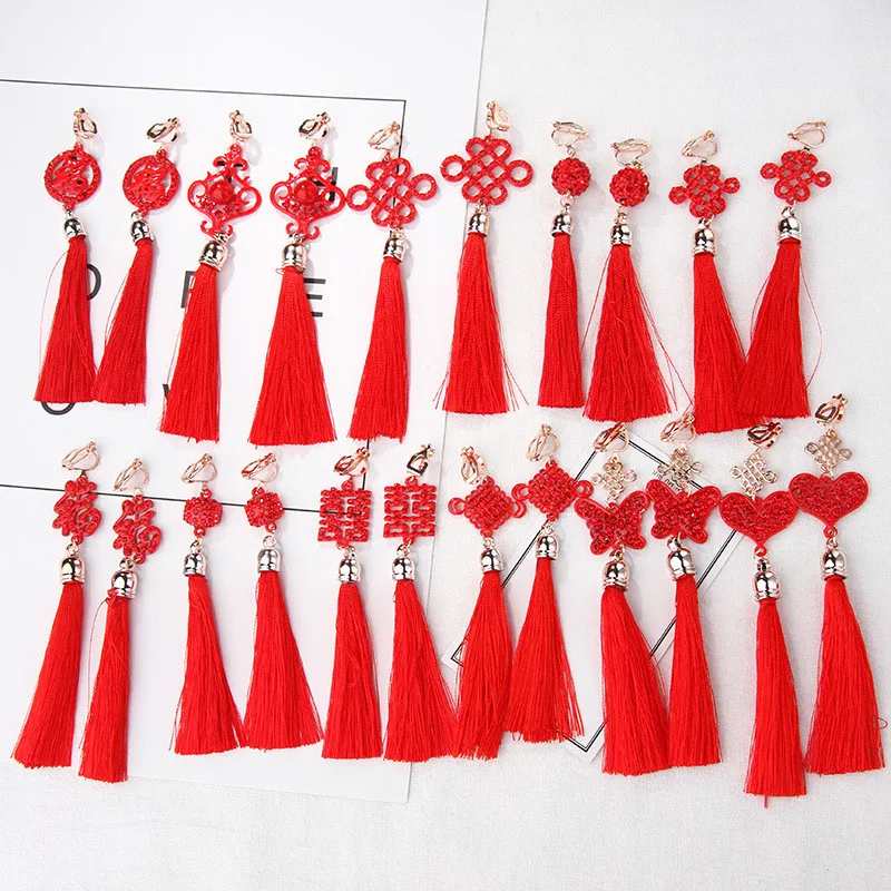 Clip Earrings Chinese Style Red Tassel Pendant Earrings For Women Girls Fashion Ethnic Geometric Charms Clip Ear Jewelry Party Gifts