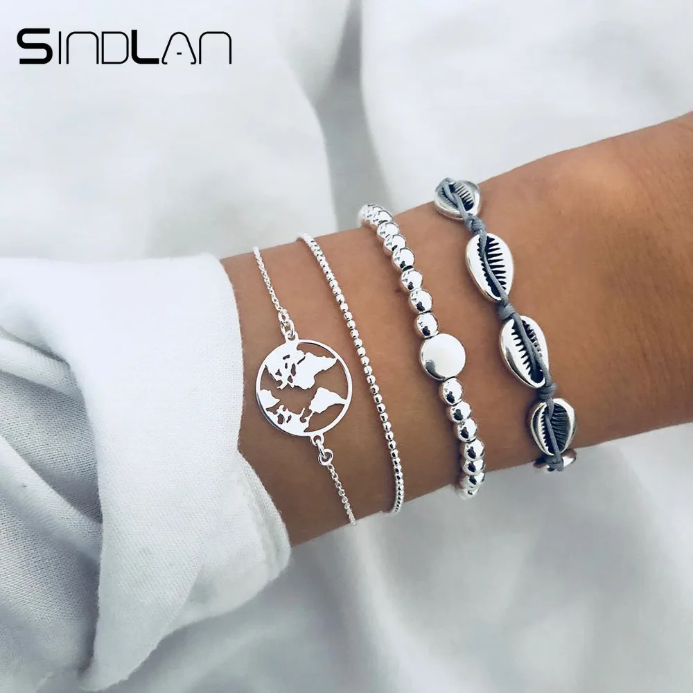 

Sindlan 4PCs Bohemia Silver Shell Bracelets for Women Boho Map Charm Simple Beads Bracelets Set Fashion Wrist Chain Jewelry