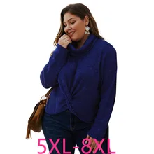 Новинка, Осень-зима, топы размера плюс для женщин, вязанная рубашка с длинным рукавом, повседневный свободный свитер, пуловер с высоким воротником, 5XL 6XL 7XL 8XL