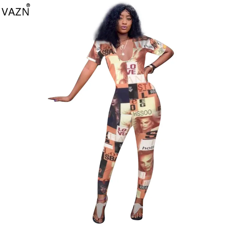 VAZN Лето новые женские повседневные модные короткие рукава с круглым вырезом с принтом удобные многоцветные комбинезоны длинные брюки OYF8037