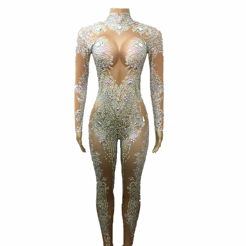 Nightclub Women Leotard Rose Red Rhinestones Stretch Jumpsuit Crystals Rompers Sexy DJ Pole Dance Acrobatics Performance Costume