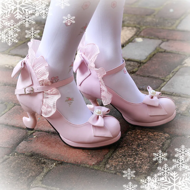 Милая обувь в японском стиле Лолиты; женская обувь для костюмированной вечеринки на высоком каблуке; тонкие туфли в стиле аниме «Лолита»; милые женские туфли принцессы - Цвет: Розовый