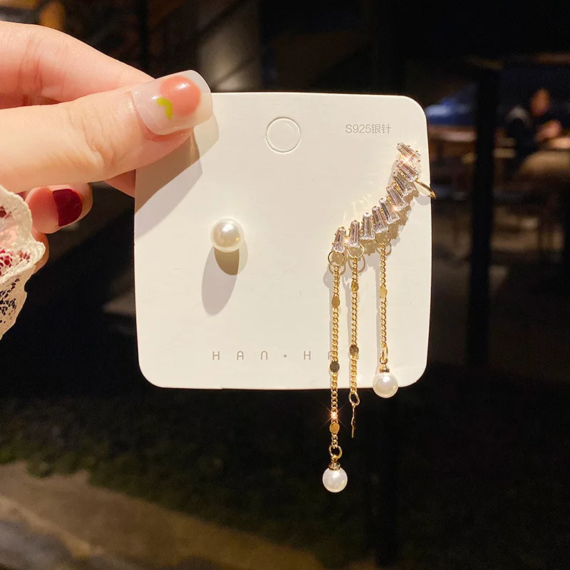 Pearl Dangle Asymmetric Earrings Zircon Star Dangle Earrings Korean