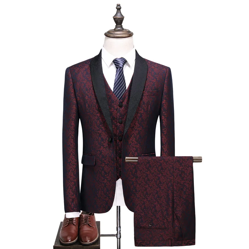 

2021Jacket+vest+pants Send tie-(S-5XL) men's printed suit three-piece suit dress