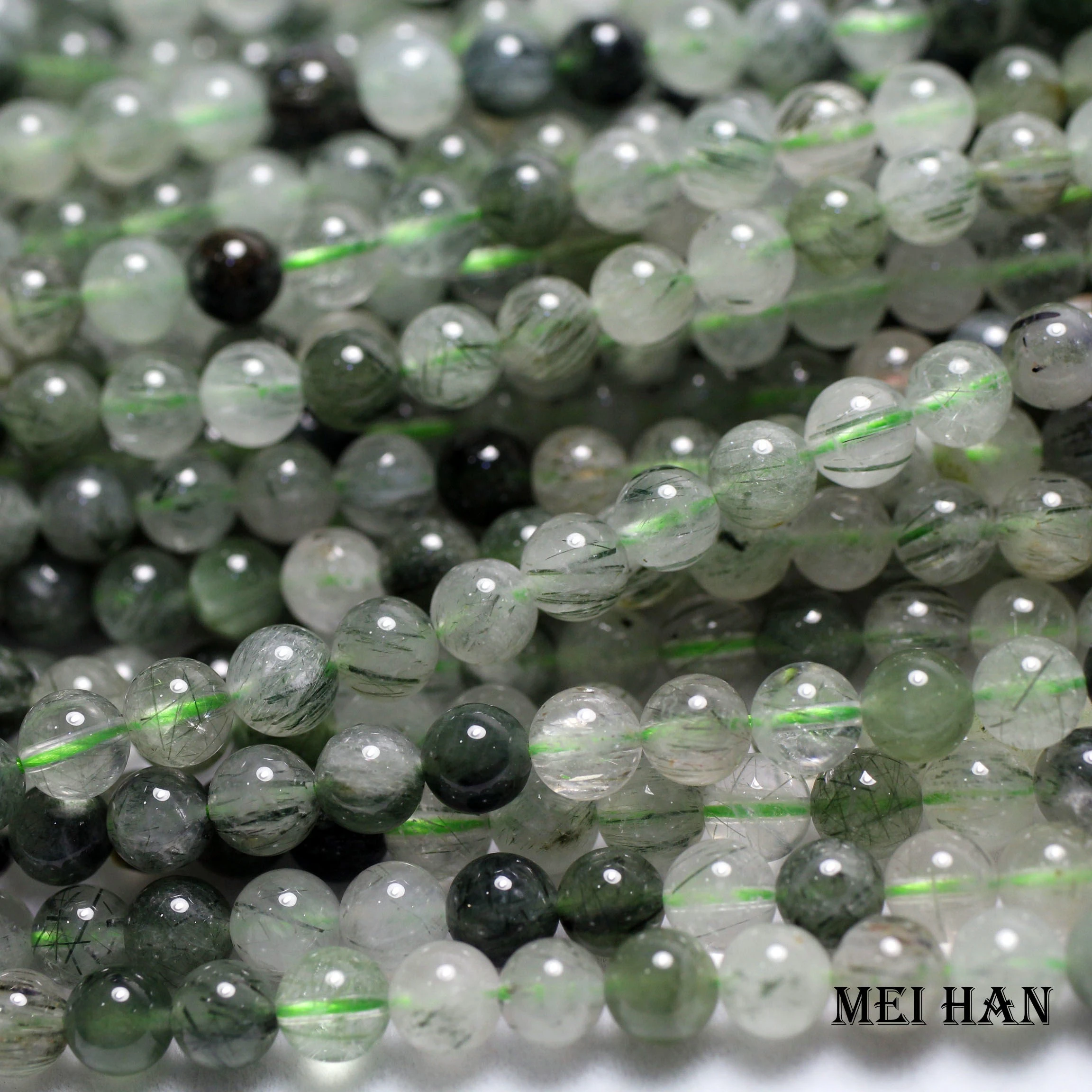 Meihan Cuentas redondas de actinolita natural para joyería, cristal cuarzo verde rutilado, piedras lisas joyería maki, 6mm, 2 hebras por juego, venta al por mayor|Cuentas|