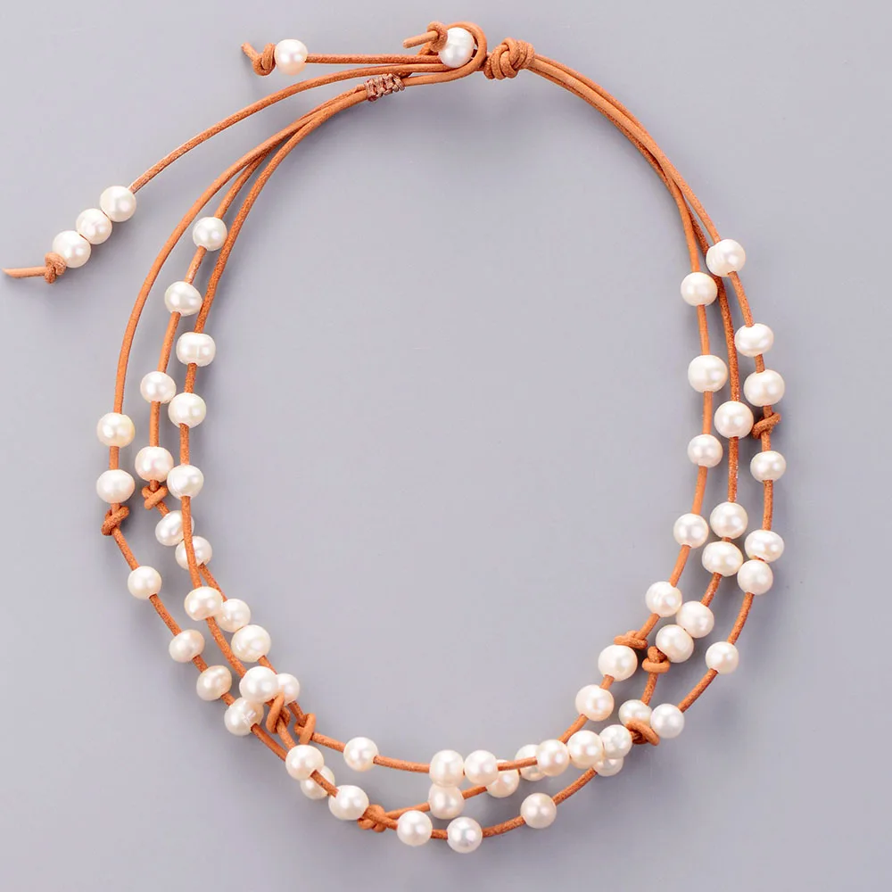 Pearls Choker Freshwater Pearl Natural Leather 3 Layers Collar Necklace Women Jewelry Gift | Украшения и аксессуары