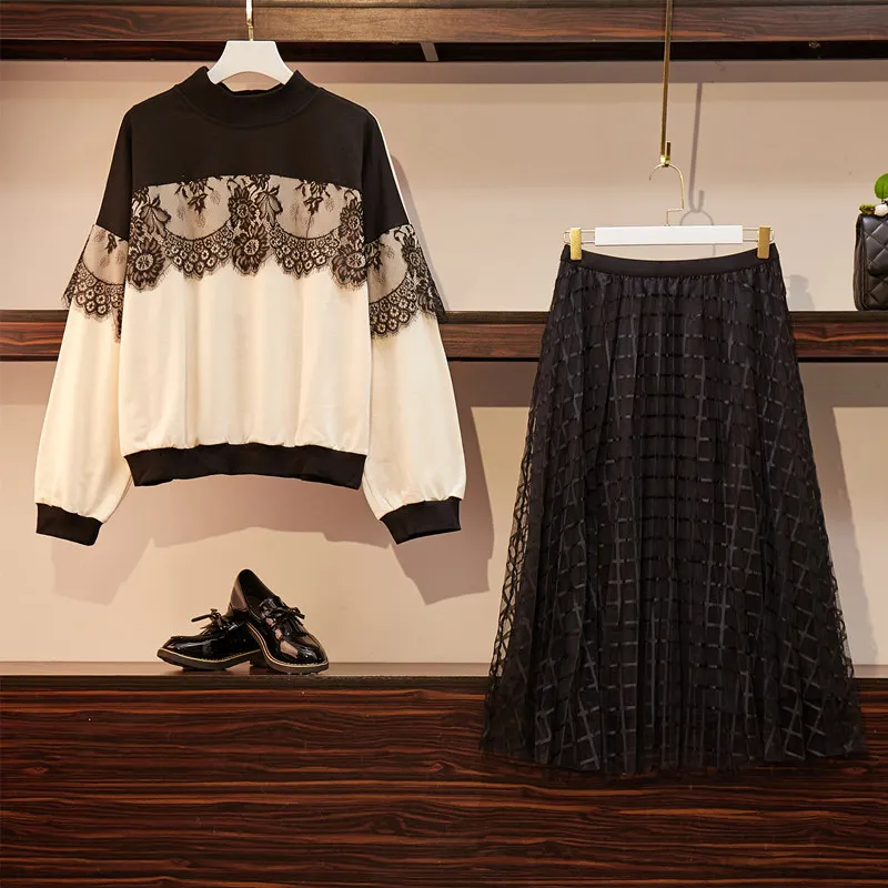 Большие размеры Трикотаж костюм женский свитер юбка костюмы пуловер+ сетчатая юбка комплект из двух предметов женский осенне-зимний теплый костюм большой 4XL - Цвет: Black