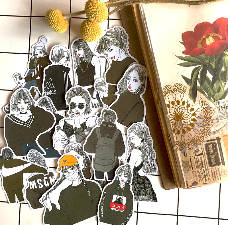 22Pcs/Set Travel Black White Sweater Girl Sticker DIY Craft Scrapbooking Album Junk Journal Happy Planner Decorative Stickers | Канцтовары