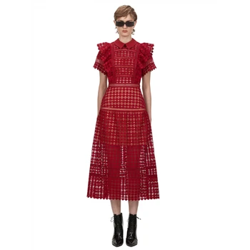 

Women Dress Short Sleeve Ruffle Perspective Lace Long Dresses Vintage Sexy Long Red Lace Dresses Summer 2020 New Fashion Vestido