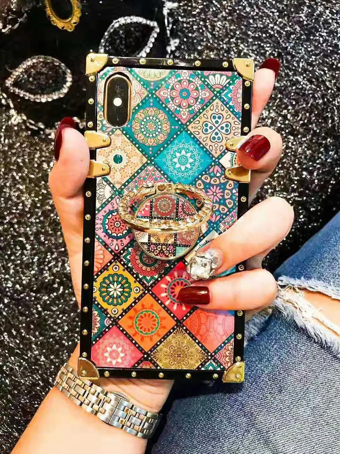 Роскошный квадратный Blu Ray богемный чехол в этническом стиле для iPhone 6 7 8 Plus xr xs max x