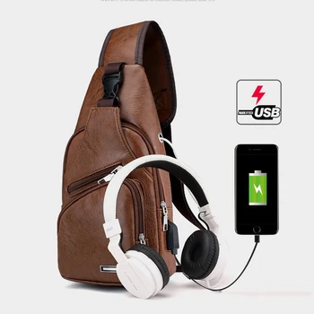 

Men Casual USB Headphone Hole PU Solid Color Chest Bag Outdoor Sport Daily Shoulder Mini Phone Crossbody Messenger Bag Bolso Sac
