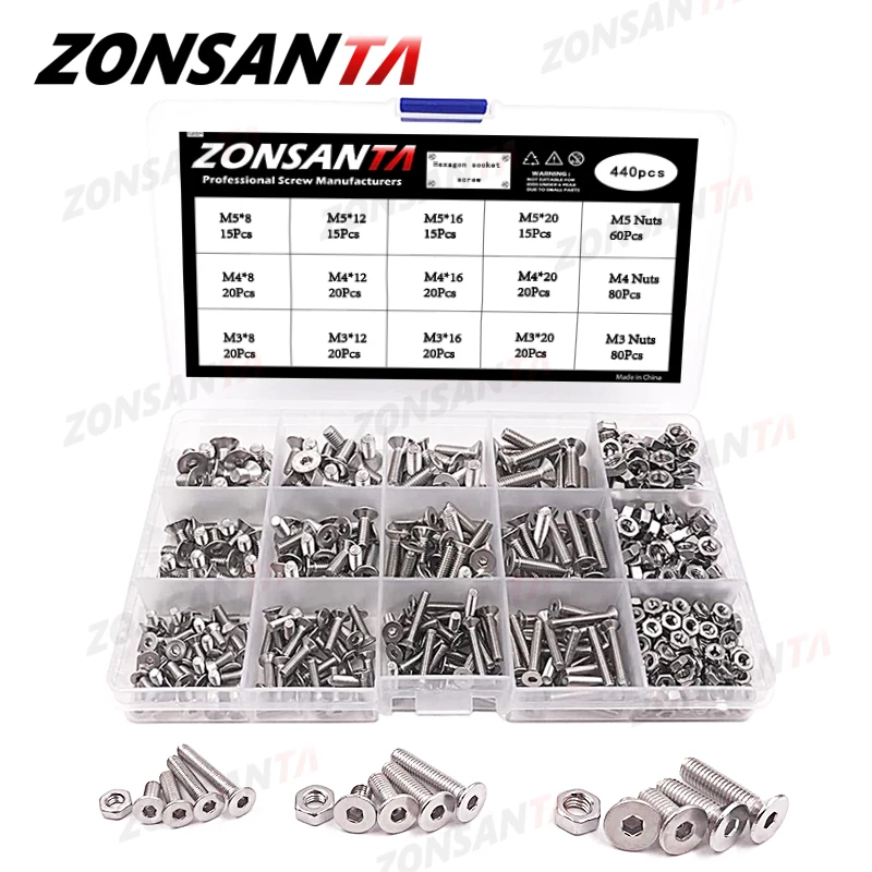 Винты с шестигранной головкой ZONSANTA 440 шт. винты плоской Комплект болтов и гаек M3 M4 M5 304 из нержавеющей стали