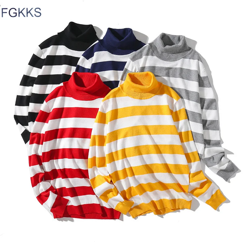 Goedkoop Fgkks Mannen Merk Fashion Gestreepte Truien Kwaliteit Nieuwe Herfst Slim Fit Warme Trui Heren Hoge Kraag Trui Aantrekken Mannelijke