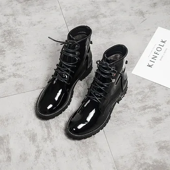 

Women'S Leather Boots 34-40 Thick Machine Boots Ladies Autumn Fashion Round Head Patent Leather Lace Boots Black Martin Boots