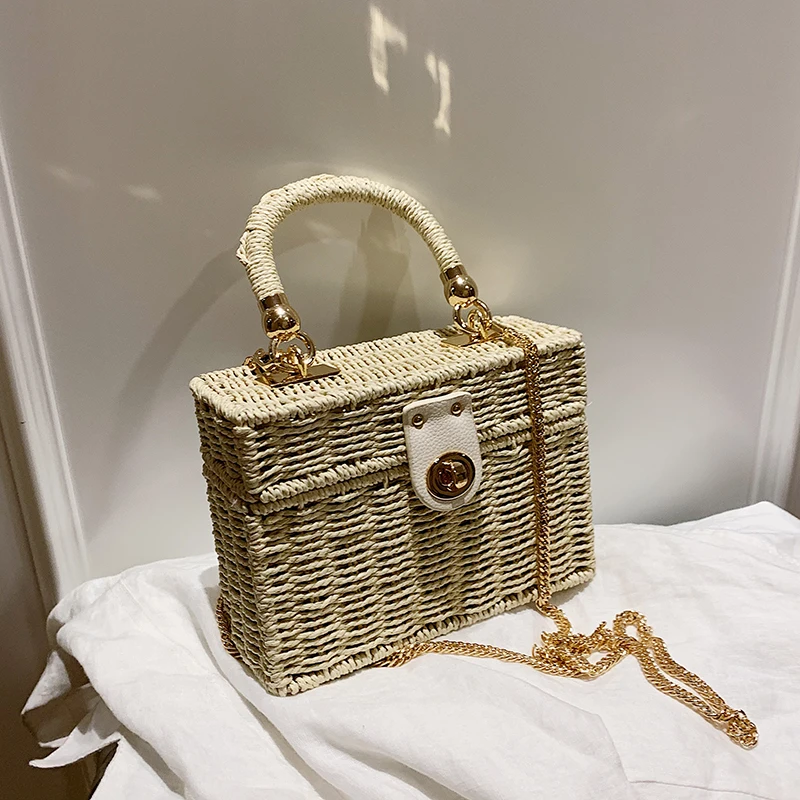 

Fashion Box Rattan Women Handbags Chain Wicker Woven Shoulder Crossbody Bags Summer Beach Straw Bag Casual Lady Small Purse 2021