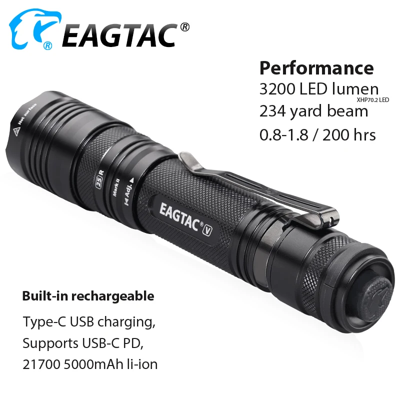 Светодиодный фонарь EAGTAC T25V, USB-C, USB, перезаряжаемый, 21700, 5000 мА/ч, аккумулятор, Дополнительный внешний аккумулятор, XHP70.2, 3200 лм, тактический фонарь