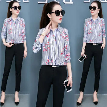 

New Spring Autumn Tops Plus Size Women Office Lady Blouse Fashion Woman Korean Turn-Down Collar Button Slim Print Striped Shirts