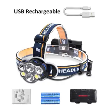 

Portable LED Tactical Headlamp USB Rechargeale 18650 Lithium Headlight T6 COB LED 5000 Lumen Flashlight 8 Levels Strobe Mode