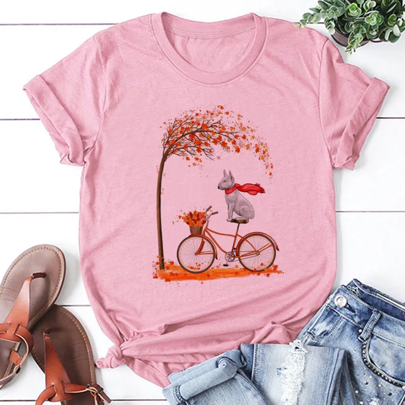 Pink T Shirt Women Beautiful Scenery Bicycle Vogue Casual Tshirt Harajuku Korean Style Graphic Tops Kawaii Short Sleeve T-shirt