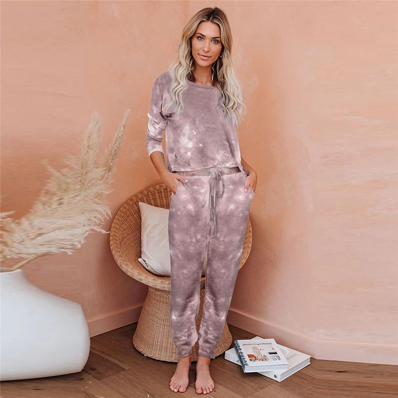 

Autumn and winter ladies tie-dye printed pajamas with long-sleeved trousers split leisure and comfortable home suitJJF0073