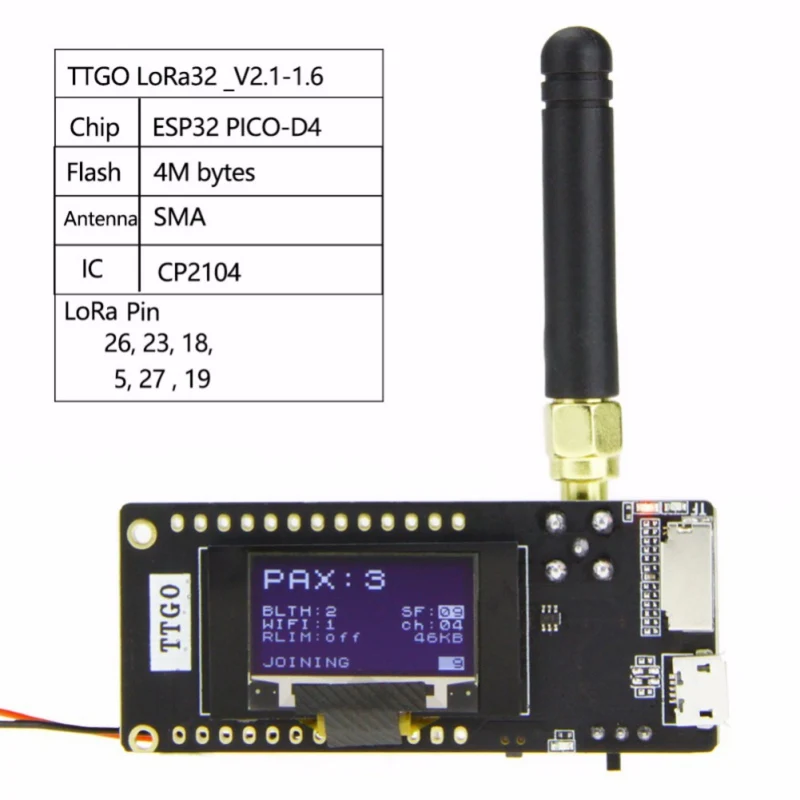 2020 TTGO ESP32-Paxcounter LoRa32 V2.1 433MHZ LoRa ESP-32 OLED 0 96 SD-карта в дюймах WIFI Bluetooth модуль |