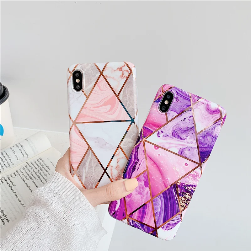 Geometric plating stitching design pink purple cases for iphone 11 8 7 6s plus xr x xs max shiny electroplated marble phone case |