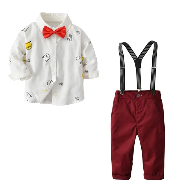 Детская официальная рубашка с длинными рукавами+ штаны с подтяжками+ галстук-бабочка, комплект одежды для маленьких мальчиков 1 год День рождения платье для девочек, костюм для детей, изготовленные на заказ