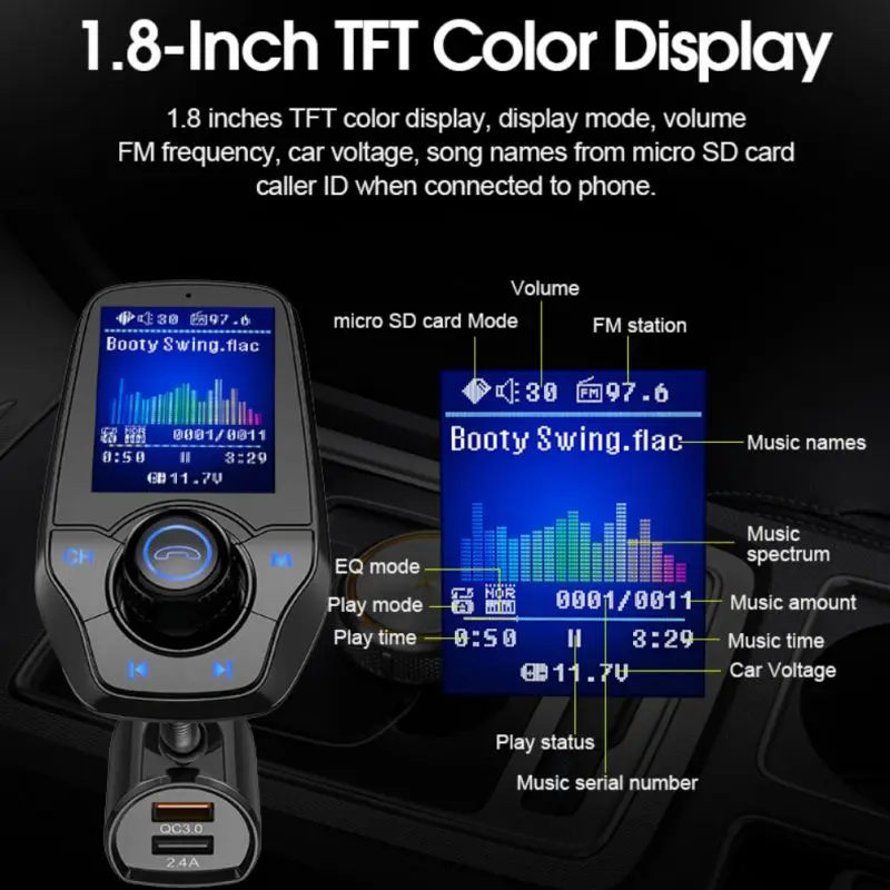 T26D Bluetooth автомобильный комплект громкой связи fm-передатчик MP3-плеер QC3.0 большой экран громкой связи цветной экран для зарядки автомобиля для телефонов